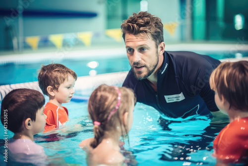 Swimming teacher teaching children to swim in the swimming pool © wai