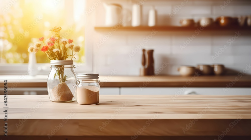 wooden table with modern kitchen background with jars on it