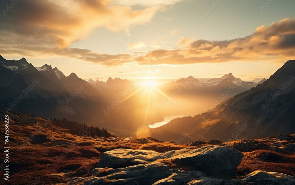 Sunrise on beautiful mountain peaks. Golden Hour. Landscape, travel hiking concept.