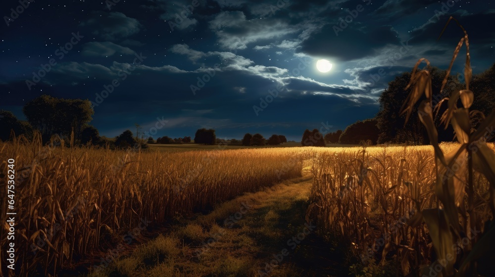 Fototapeta premium Harvest Moon Moonlit Night Starry Sky, Background Image, HD