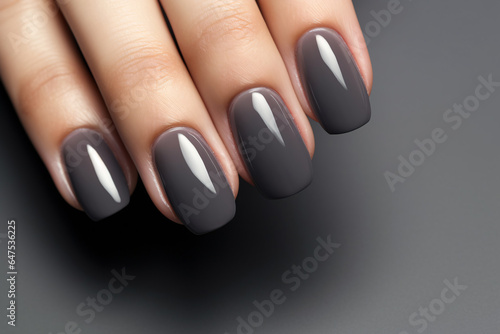 Closeup woman hand with dark gray and black nail polish on fingernails. Nail manicure with gel polish at luxury beauty salon. French manicure. Nail art and design. Female hand model.