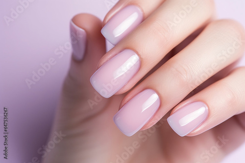 Closeup woman hand with soft pink nail polish on fingernails. Soft pink nail manicure with gel polish at luxury beauty salon. French manicure. Nail art and design. Female hand model.