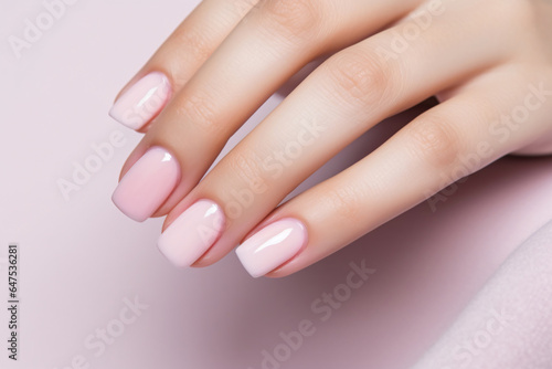 Closeup woman hand with soft pink nail polish on fingernails. Soft pink nail manicure with gel polish at luxury beauty salon. French manicure. Nail art and design. Female hand model.