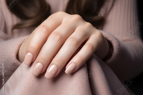 Fotografia, Obraz Glamour woman hand with nude nail polish on her fingernails