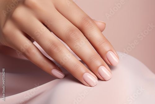 Photo Glamour woman hand with nude nail polish on her fingernails
