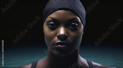 Portrait of female swimmer on black background. Fit athlete training for competition