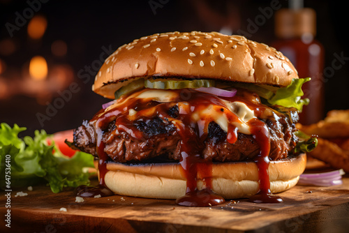 studio shot close up of Grilled burger with spicy bbq sauce