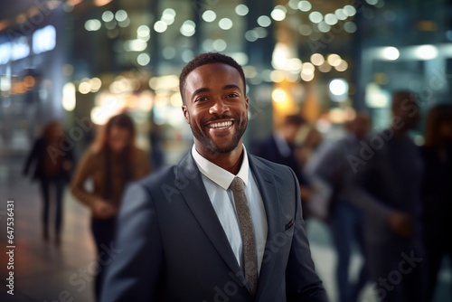 Portrait of Happy African American Businessman Walking on Street at Night, Smiling Black Manager in Modern City Surrounded By Blurred People.