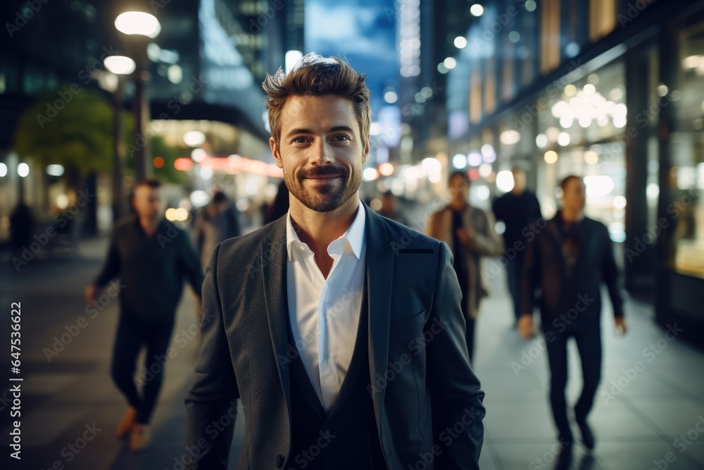 Portrait of Happy Businessman Walking on Street at Night, Handsome European Manager in Modern City Surrounded By Blurred People. Generative Ai