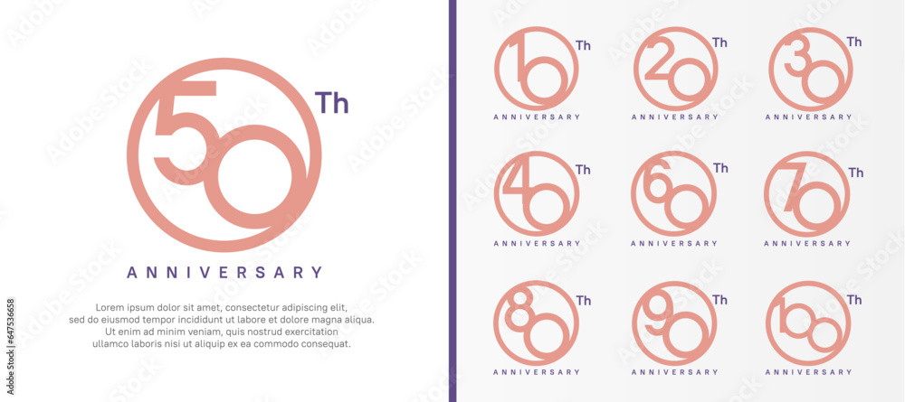 set of anniversary logo pink color number in circle and purple text on white background for celebration set of anniversary logo pink color number in circle and purple text on white background for celebration