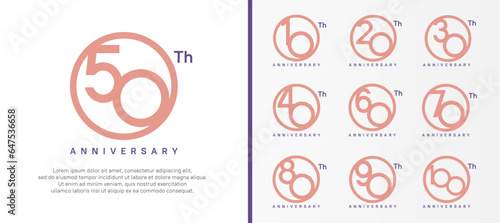 set of anniversary logo pink color number in circle and purple text on white background for celebration
