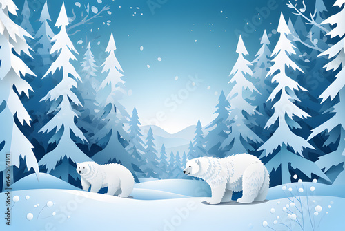 papercut style of winter season,forest,snow,tree,bear,vector graphic.