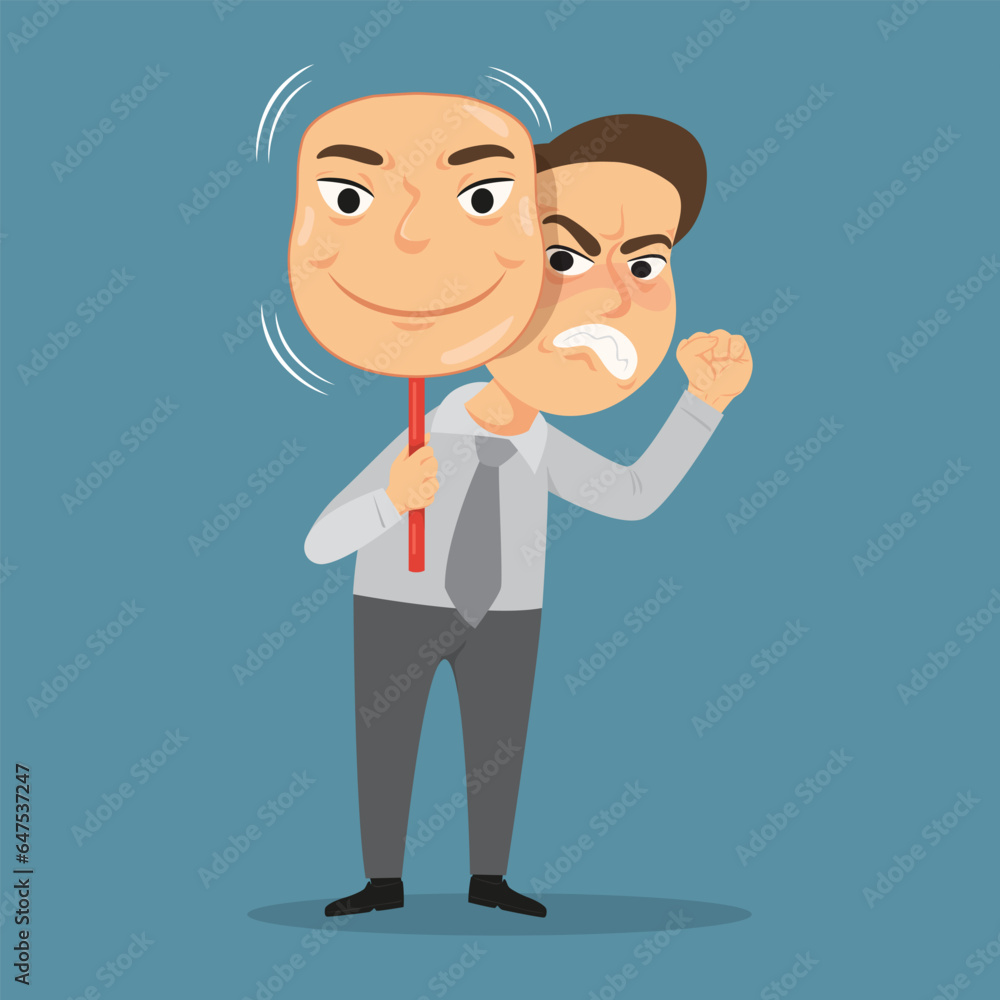 Bad Businessman in fake mask smile, Concept of insincere,illustration vector cartoon flat
Bad Businessman in fake mask smile, Concept of insincere,illustration vector cartoon flat