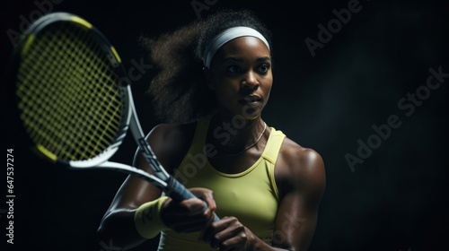 Action Portrait of woman training for tennis match. Confident and focused athlete © Chanelle/Peopleimages - AI