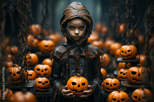 Halloween concept. Cute little girl in a witch costume at the cemetery.