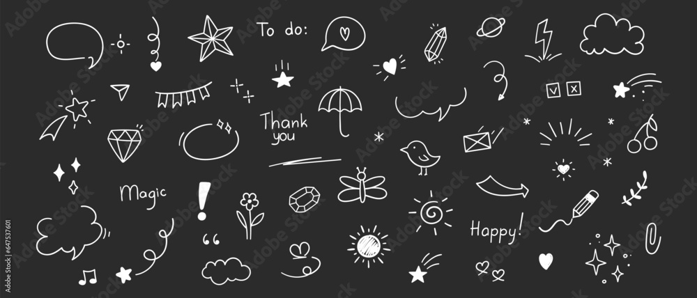 Cute Doodle pen line elements. Heart, bubble, doodle, arrow, star, icon, shiny ornaments set. Simple drawing in line style sketch, attention, lettering, text, pattern elements. Vector illustration. Cute Doodle pen line elements. Heart, bubble, doodle, arrow, star, icon, shiny ornaments set. Simple drawing in line style sketch, attention, lettering, text, pattern elements. Vector illustration.