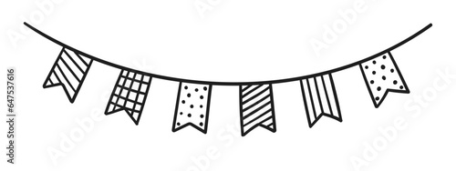 Set of Doodle flags for decoration. Garland black lines sketch. hand drawn vector illustration. Drawing doodles. holiday oatmeal