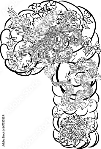 Traditional dragon battle with Phoenix for tattoo design.Chinese dragon for painting on wallpaper background.Hand drawn Japanese tattoo design with flower and wave for printing on jacket.Peony flower.