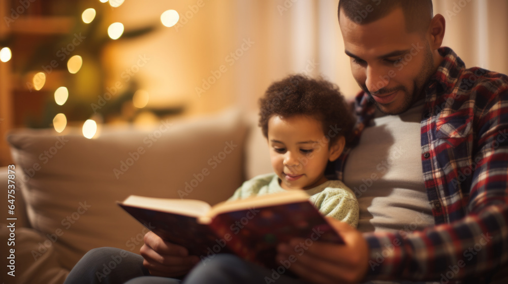 Young father reading a book to his son. Parent bonding and learning with toddler Young father reading a book to his son. Parent bonding and learning with toddler