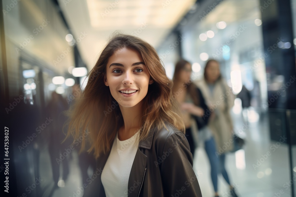 Portrait of Happy Female Goes to Shopping in Clothing Store, Beautiful Man Walking in Shopping Mall Surrounded By Blurred People Portrait of Happy Female Goes to Shopping in Clothing Store, Beautiful Man Walking in Shopping Mall Surrounded By Blurred People