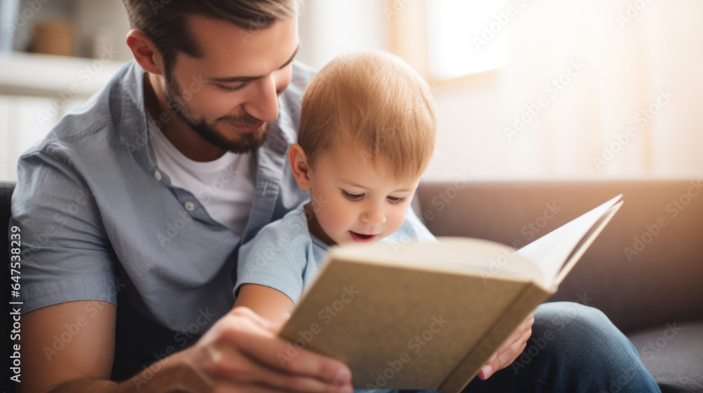 Young father reading a book to his son. Parent bonding and learning with toddler Young father reading a book to his son. Parent bonding and learning with toddler