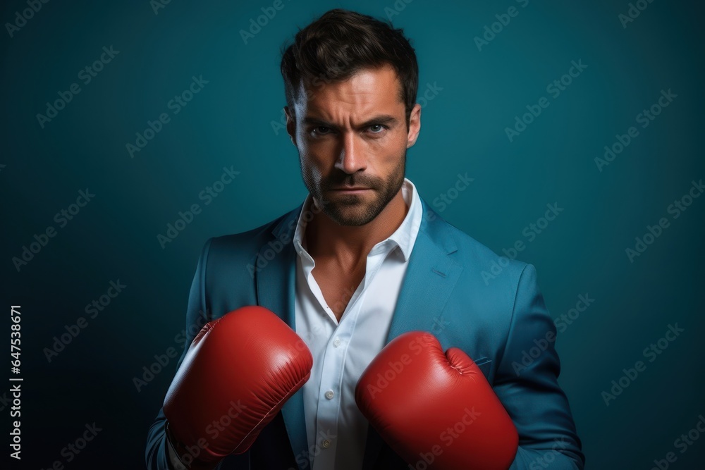 Serious businessman posing in red-coloured boxing gloves. Real leader in business suit looking at the camera. Serious businessman posing in red-coloured boxing gloves. Real leader in business suit looking at the camera.