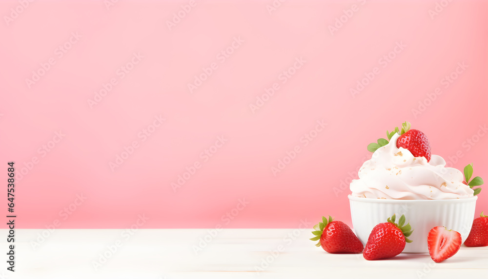 Mockup Ice cream strawberry fruit scoop on white blank empty cup bowl on pink bright colorful background. for product presentation. copy text space. Mockup Ice cream strawberry fruit scoop on white blank empty cup bowl on pink bright colorful background. for product presentation. copy text space.