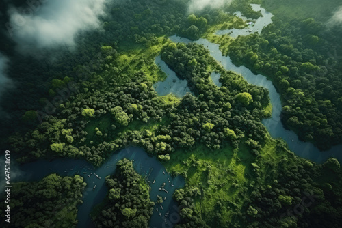 Aerial view of mountain hills in the morning with fog or mist in the middle of rainforest, Healthy fresh green tree environment, Beautiful fresh green natural scenery of hilltops.