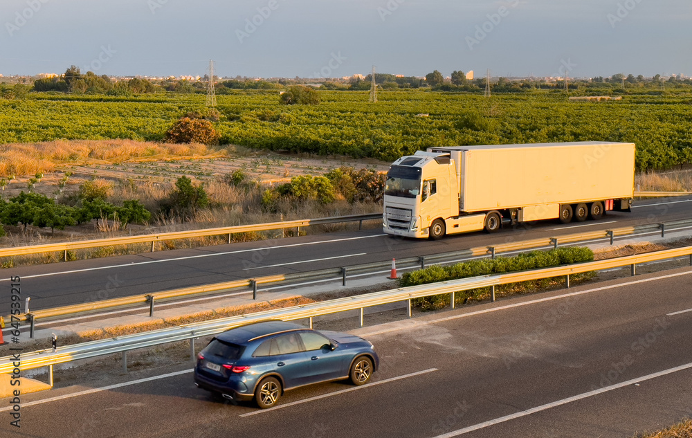 Semi truck with Semi-trailer driving along highway. Goods Delivery by roads. Services and Transport logistics. Highway with transport, car and truck, road landscape. Road traffic on motorway. Semi truck with Semi-trailer driving along highway. Goods Delivery by roads. Services and Transport logistics. Highway with transport, car and truck, road landscape. Road traffic on motorway.