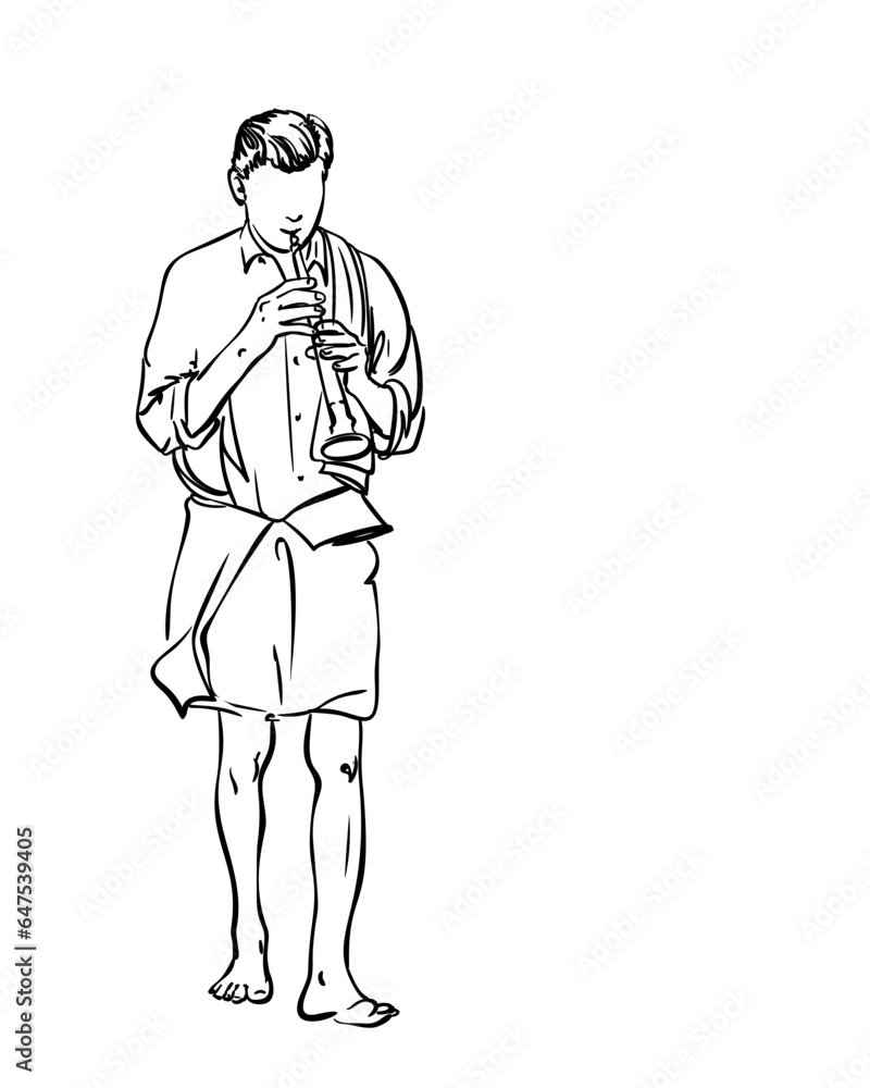 Man playing the flute and walking barefoot, Drawing of faceless person playing wind musical instrument, Vector simple linear sketch, Hand drawn illustration isolated Man playing the flute and walking barefoot, Drawing of faceless person playing wind musical instrument, Vector simple linear sketch, Hand drawn illustration isolated
