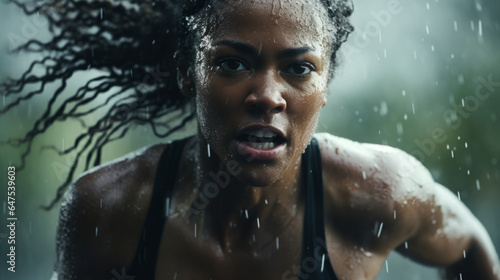 Action Portrait of female running or training in rain. Confident and focused woman athlete © Chanelle/Peopleimages - AI