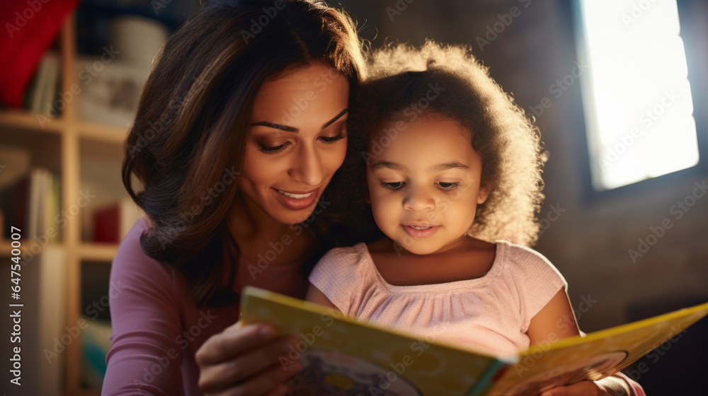 Obraz premium Young mother reading a book to her daughter. Parent bonding and learning with toddler