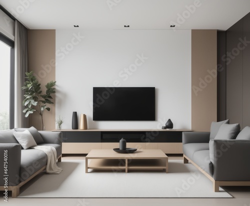 Minimalist style interior design of modern living room with tv. © Arhitercture