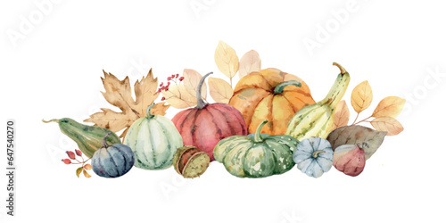 Watercolor vector autumn arrangement with colorful pumpkins and foliage. Perfect for a Thanksgiving decoration, Harvest Day,  invitations, greeting cards. Hand painted  illustration.