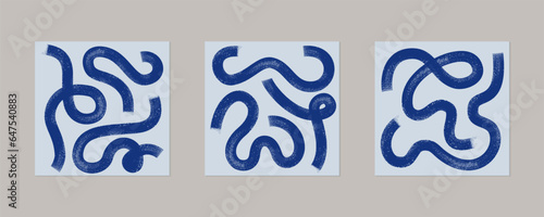 Bold messy paint brush strokes wall art, poster set. Curve blue wavy brushstroke