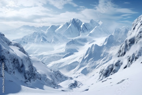 Majestic snowy mountain range against clear blue sky. Panoramic view for mountaineering and travel. © Postproduction