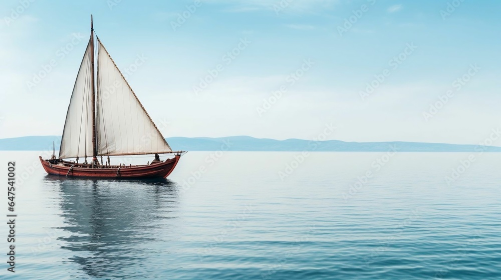 Viking longship glides on peaceful, sunlit waters
