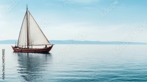 Viking longship glides on peaceful  sunlit waters