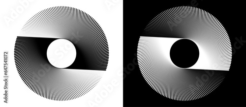 Abstract background with lines in spiral. Art design circle concept with 2 segments. Black lines on a white background and white lines on the black side.