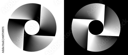 Abstract background with lines in spiral. Art design circle concept with 4 segments. Black lines on a white background and white lines on the black side.