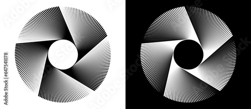 Abstract background with lines in spiral. Art design circle concept with 5 segments. Black lines on a white background and white lines on the black side.