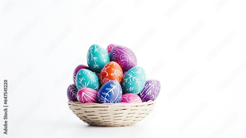 Colorful easter eggs in basket isolated on white bac Colorful easter eggs in basket isolated on white bac
