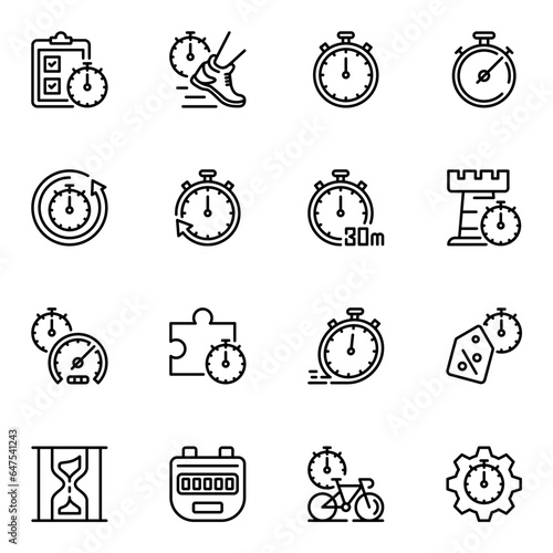 Set of 16 timestamp or stopwatch line icons. schedule, measurement, record, race, exercising, watch, management, pictogram, stroke, running, rush, speed, arrow, outline, measuring