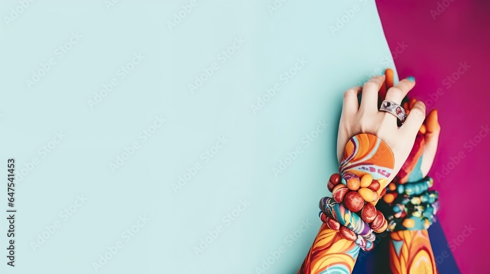 Female hand with bracelets on colorful background