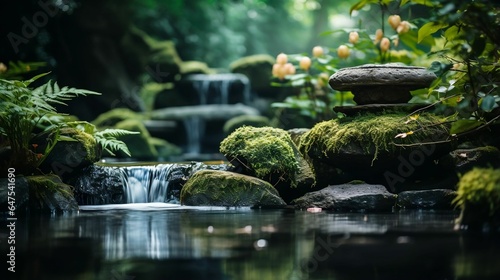background Zen garden with a tranquil waterfall 