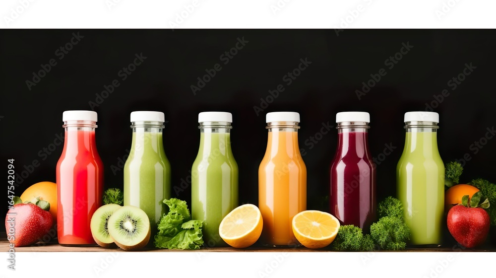 Smoothie in plastic bottles with fruits and vegetabl Smoothie in plastic bottles with fruits and vegetabl