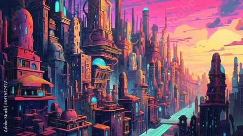 A Futuristic City in Cartoon Style. Vibrant Pastel Animation