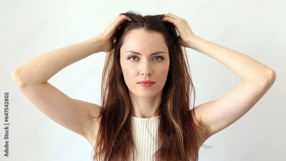 Beautiful woman gives head and hair massage to improve blood circulation, hair growth Beautiful woman gives head and hair massage to improve blood circulation, hair growth