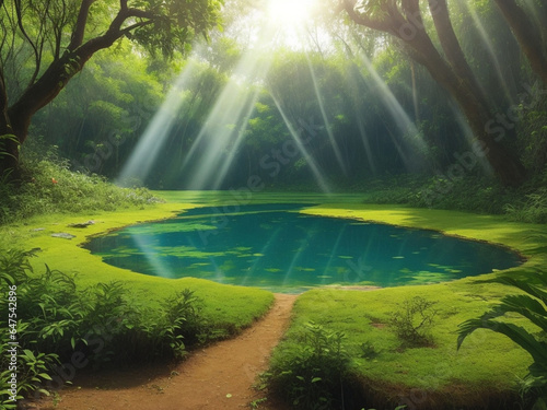 Green lake in the woods with sunlight and glare.
