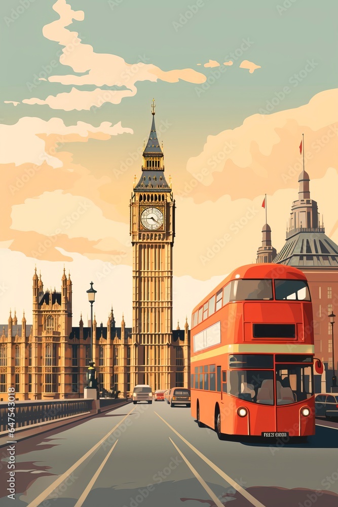 London retro city poster with Big Ben and red bus